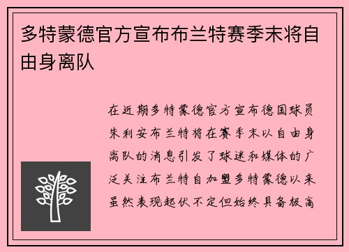 多特蒙德官方宣布布兰特赛季末将自由身离队